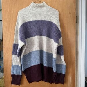 New Look Mock Neck Striped Oversized Knit Sweater Purple Lavender Burgundy M